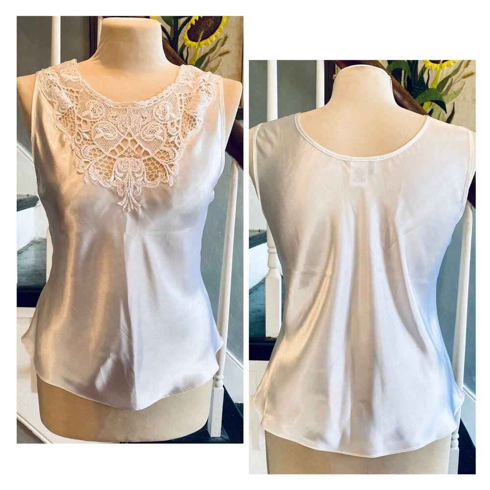 1990s White Satin Bias Cut Camisole With Chunky Lace Yoke